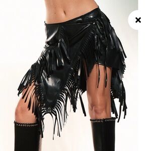 Black Faux Leather Fringed Mini Skirt